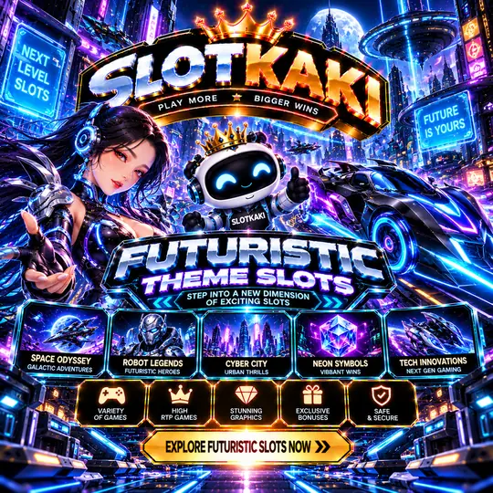 SLOTKAKI futuristic theme – banner black and gold: neon city of the future
