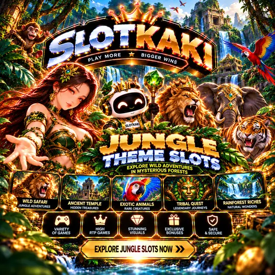 SLOTKAKI jungle theme – banner black and gold: tropical forest and wild animals