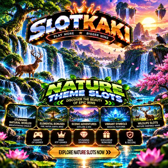 SLOTKAKI nature theme – banner black and gold: waterfalls and wildlife