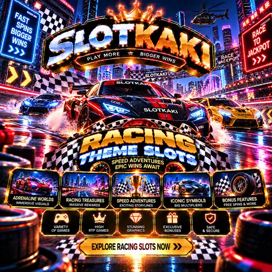 SLOTKAKI racing theme – banner black and gold: race car and a finish flag