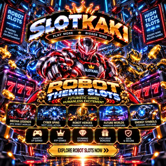 SLOTKAKI tema robot – banner hitam dan emas: robot dan mesin canggih