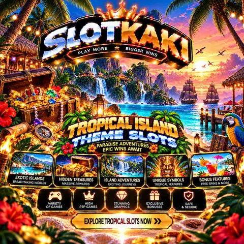 SLOTKAKI tropical island theme – banner black and gold: beach, palm trees and sunset